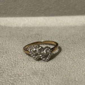 White and yellow Gold Double Heart Ring with Crystals